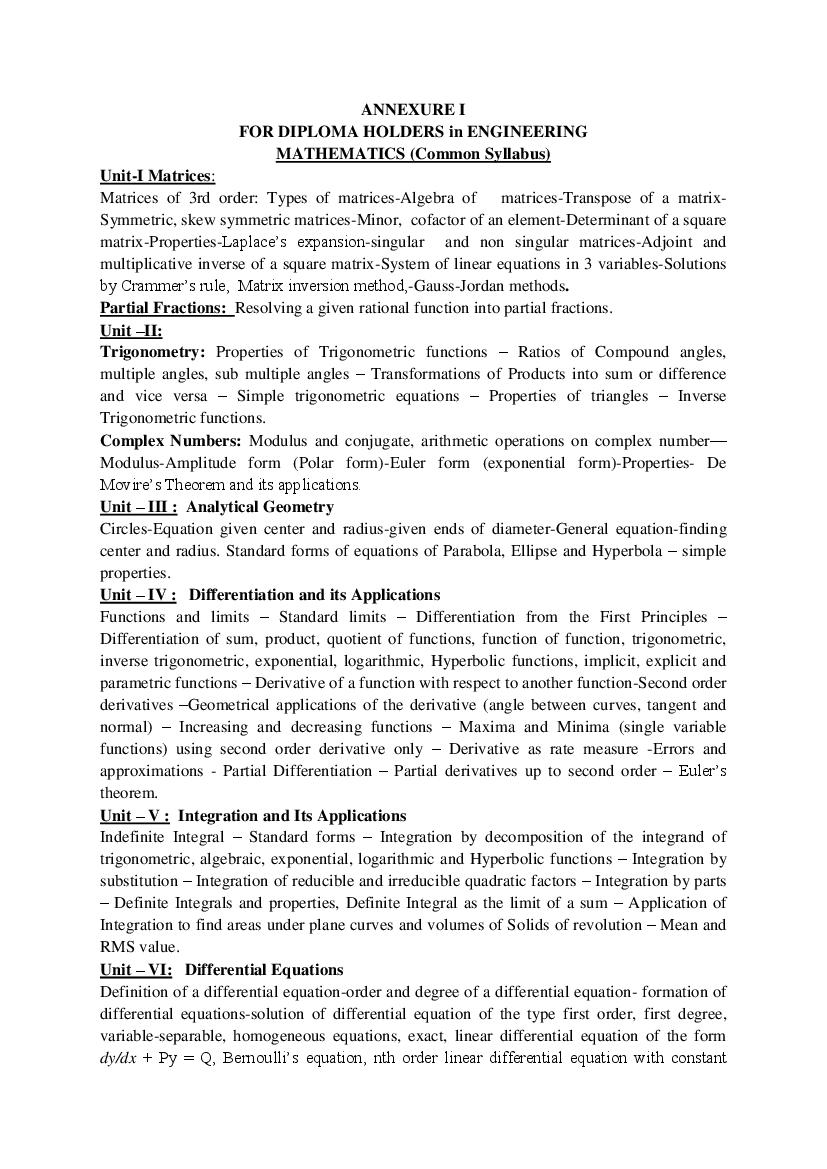 AP ECET 2022 Syllabus for Mathematics (For Diploma Holders) - Page 1