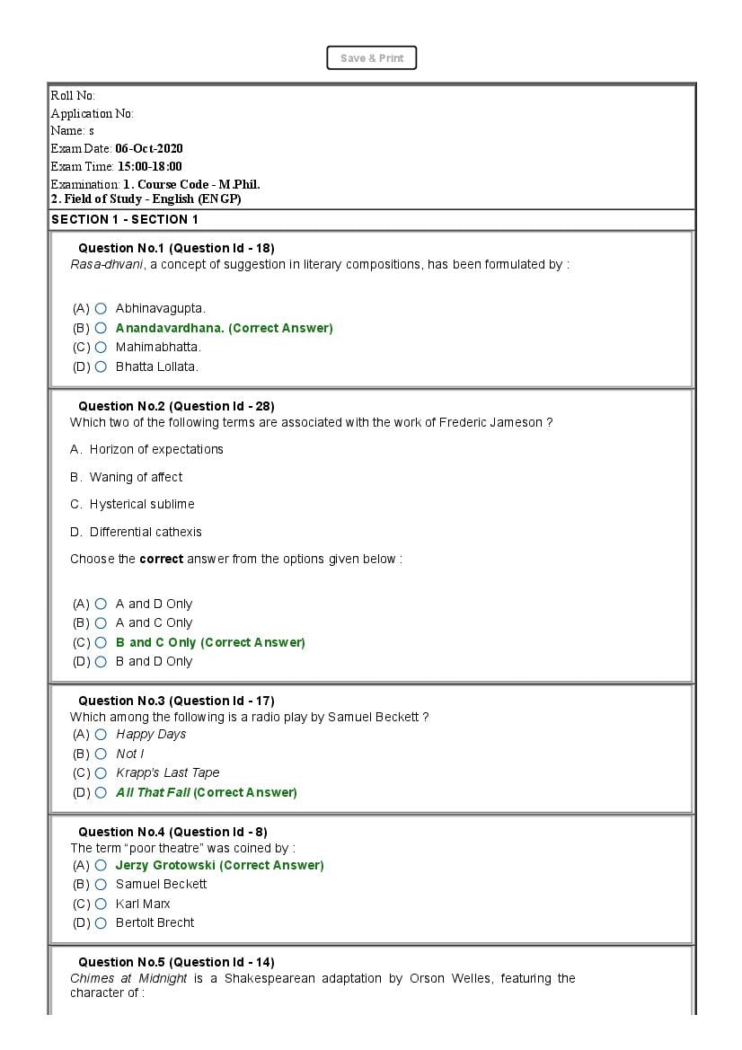 JNUEE 2020 Question Paper M.Phil English - Page 1