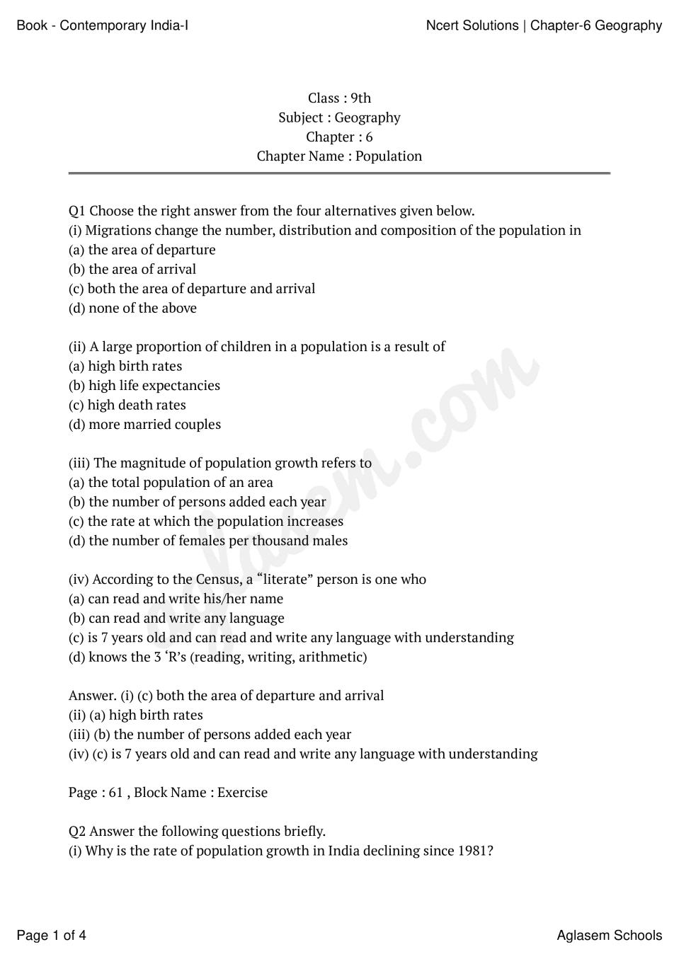 NCERT Solutions For Class 9 Geography Chapter 6 Population PDF 