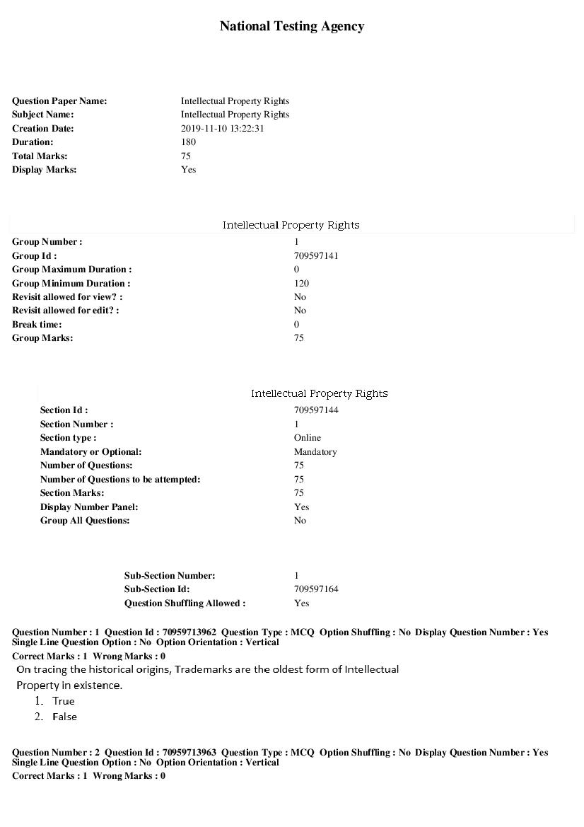 SWAYAM 2019 Question Paper Intellectual Property Rights - Page 1 of 14