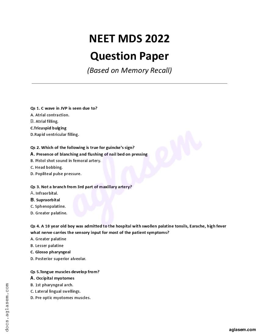 NEET MDS 2022 Question Paper (PDF Available) Download Recall