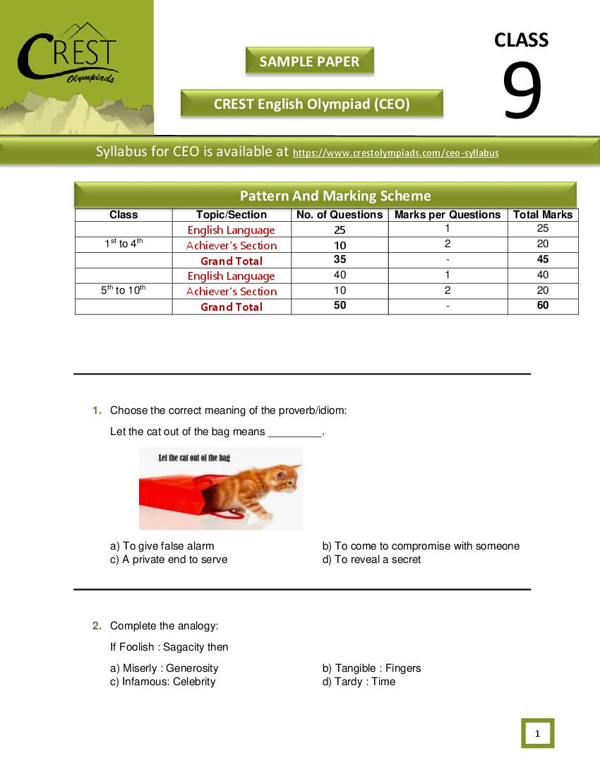 CREST English Olympiad (CEO) Class 9 Sample Paper - Page 1