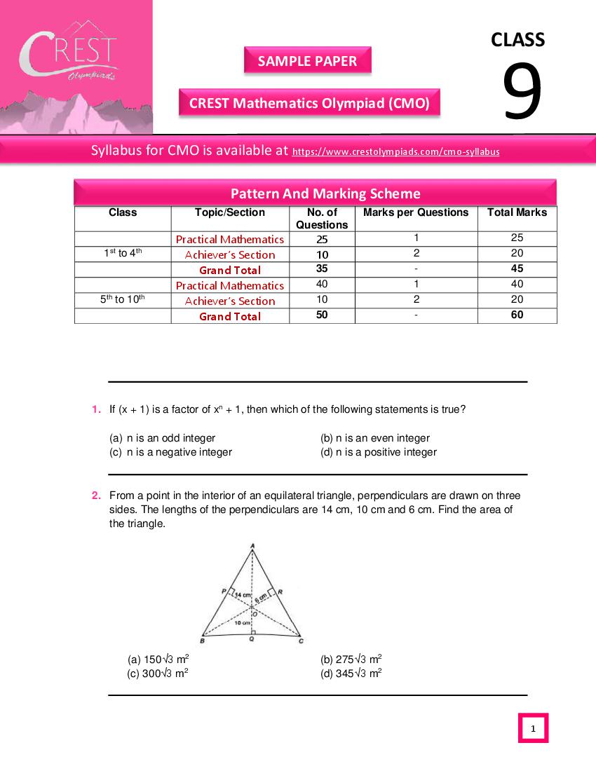 CREST Mathematics Olympiad (CMO) Class 9 Sample Paper - Page 1