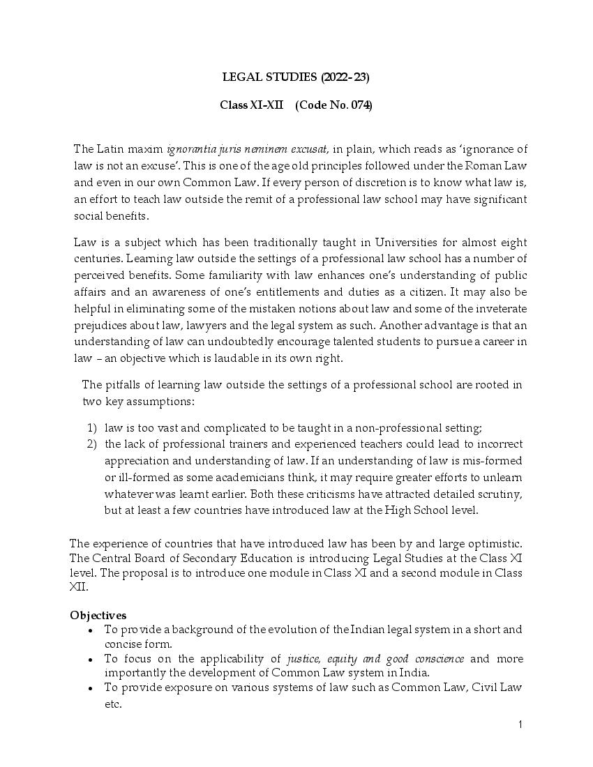 CBSE Class 11 Syllabus 2022-23 Legal Studies - Page 1 of 8