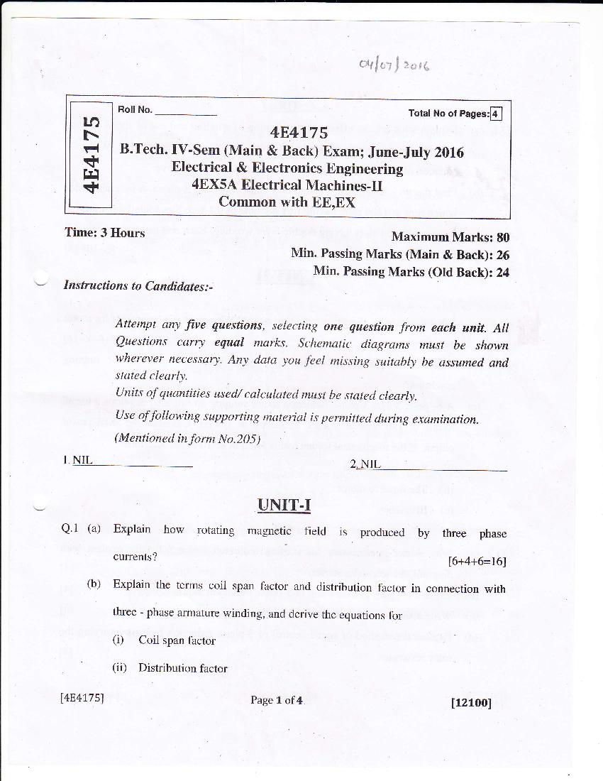 RTU 2016 Question Paper Semester IV Electrical and Electronics Engineering Electrical Machines II - Page 1