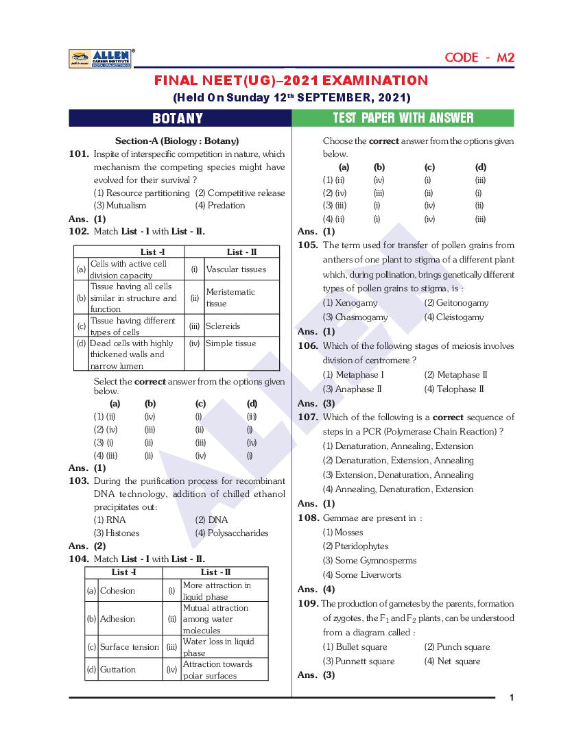 NEET 2021 Answer Key for Botany Set M2 by Allen