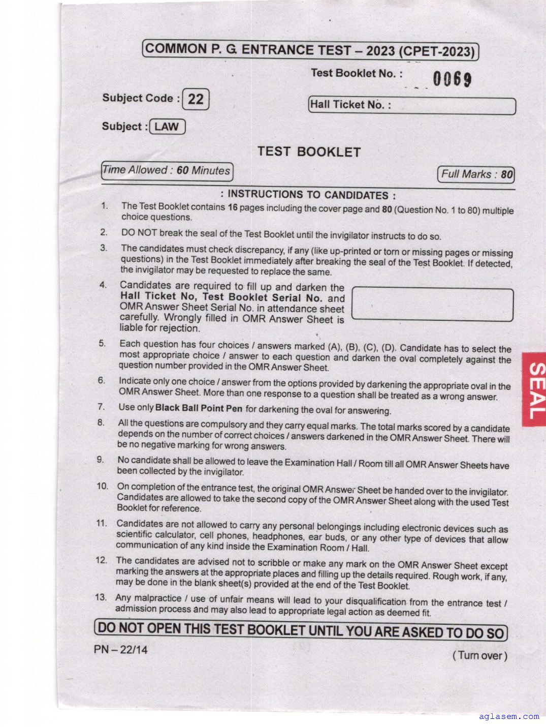 Odisha CPET 2023 Question Paper Law - Page 1 of 16