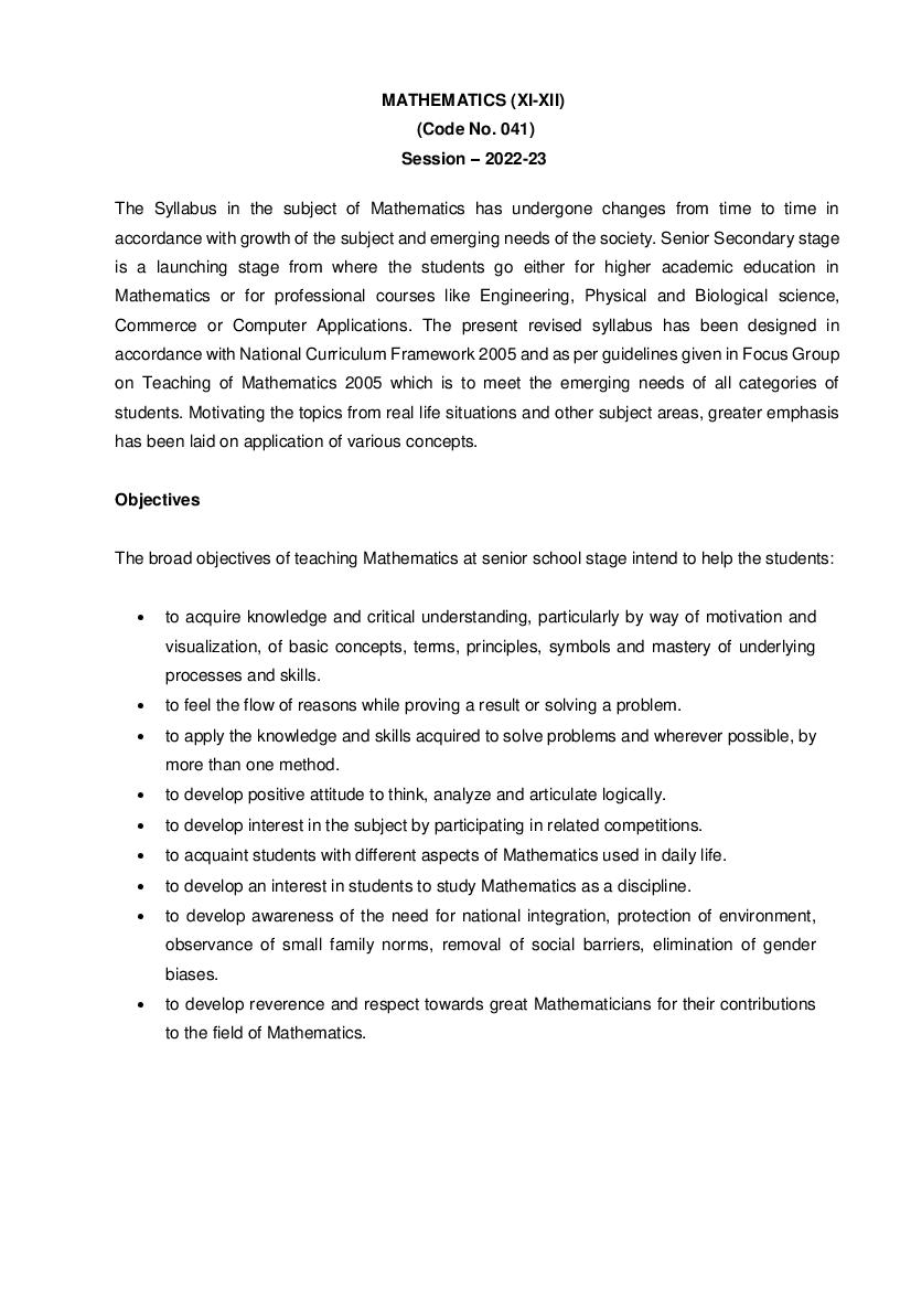 CBSE Class 11 Syllabus 2022-23 Maths - Page 1