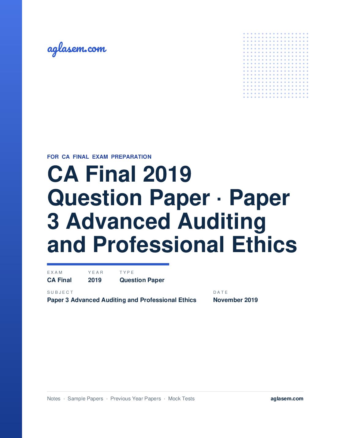 CA Final November 2019 Question Paper Paper 3 Advanced Auditing and Professional Ethics - Page 1 of 8