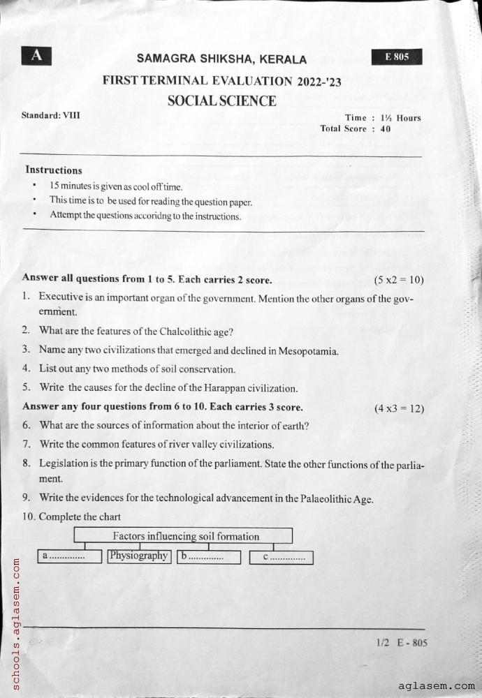 Class 8 Social Science Onam Exam Question Paper 2024 PDF Kerala Std 