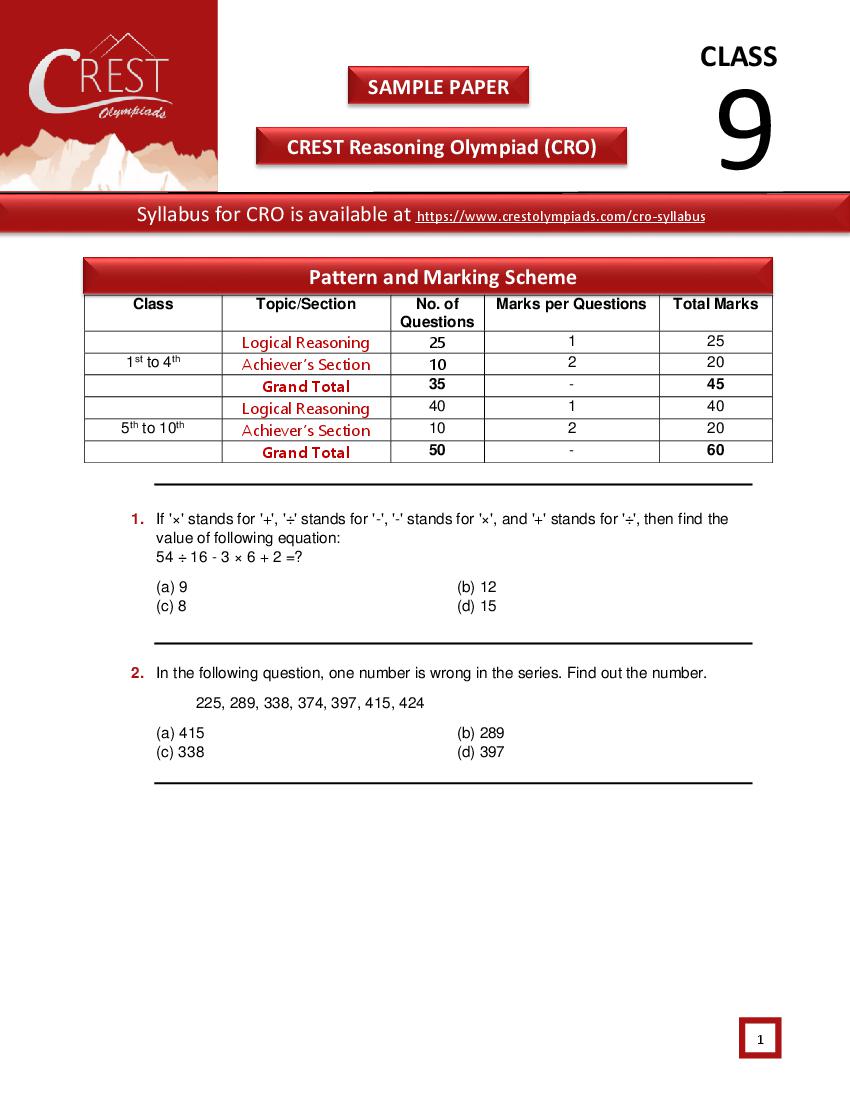 CREST Reasoning Olympiad (CRO) Class 9 Sample Paper - Page 1
