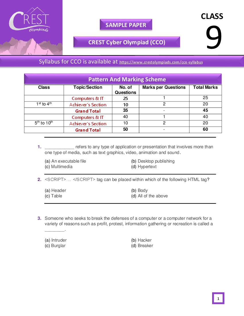 CREST Cyber Olympiad (CCO) Class 9 Sample Paper - Page 1