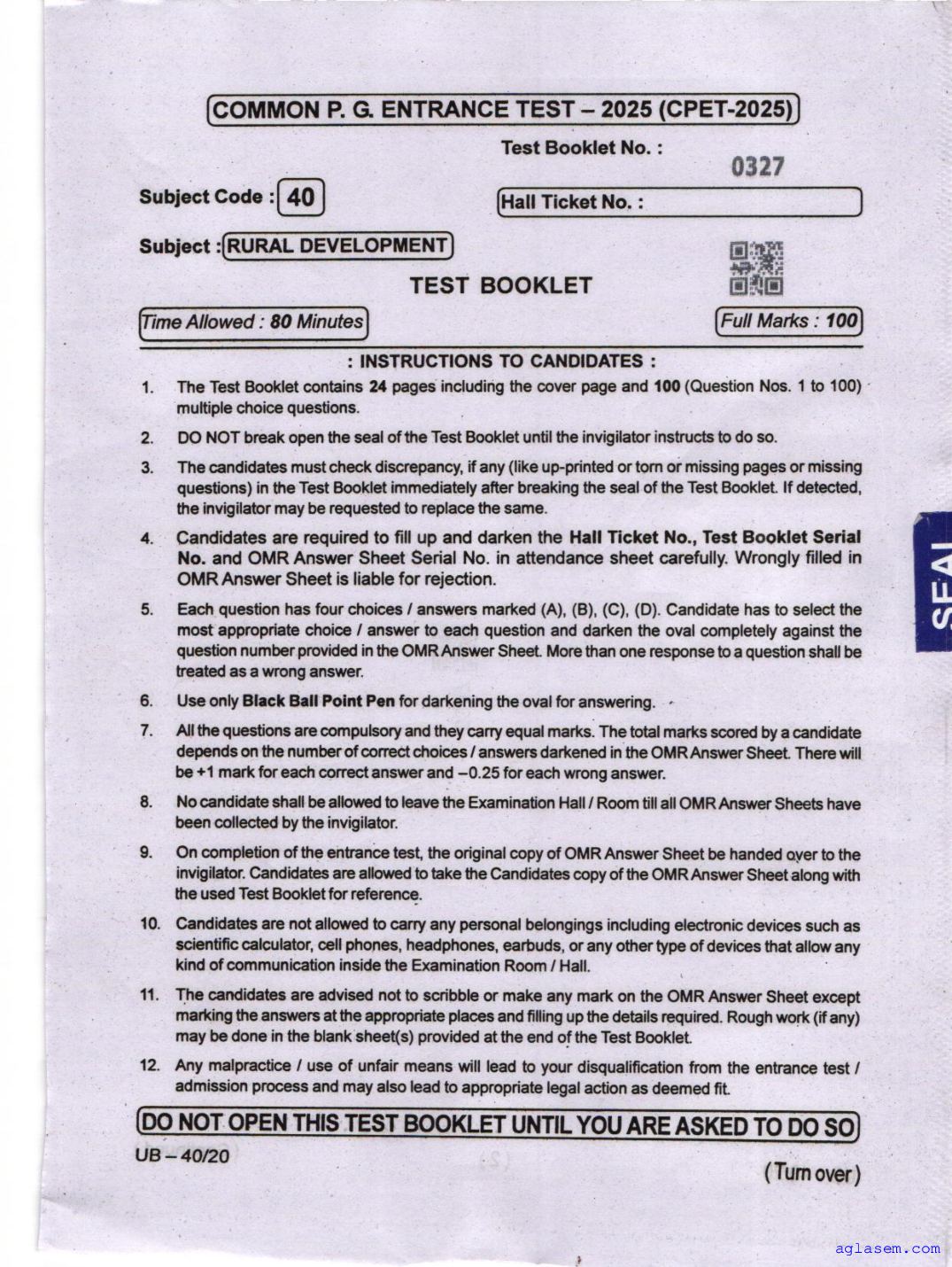 Odisha CPET 2025 Question Paper Rural Development - Page 1 of 24