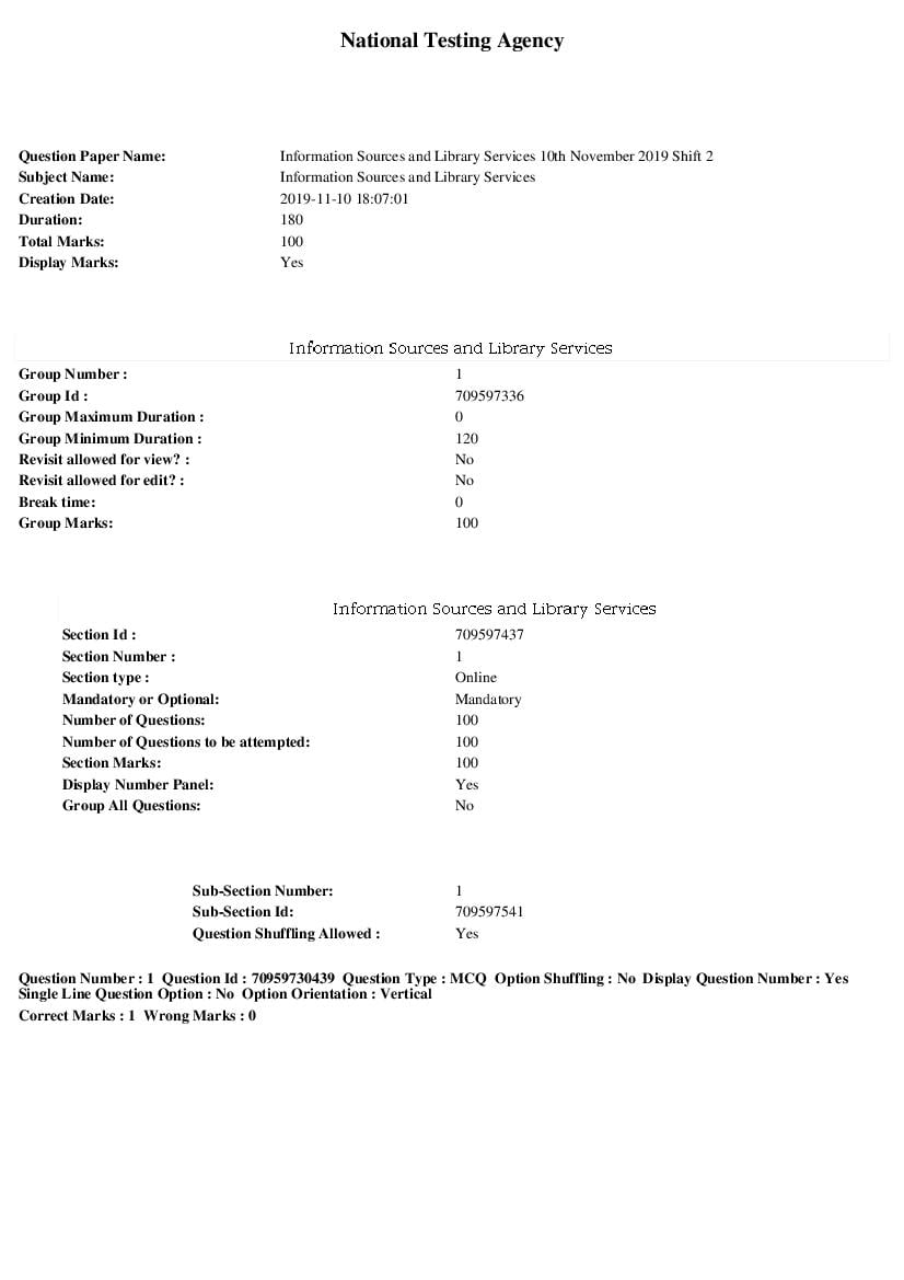 SWAYAM 2019 Question Paper Information Sources and Library Services - Page 1 of 20