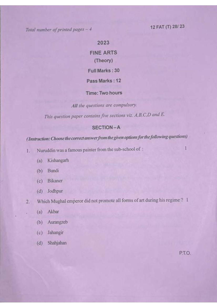 Manipur Board Class 12 Question Paper 2023 for Fine Arts - Page 1