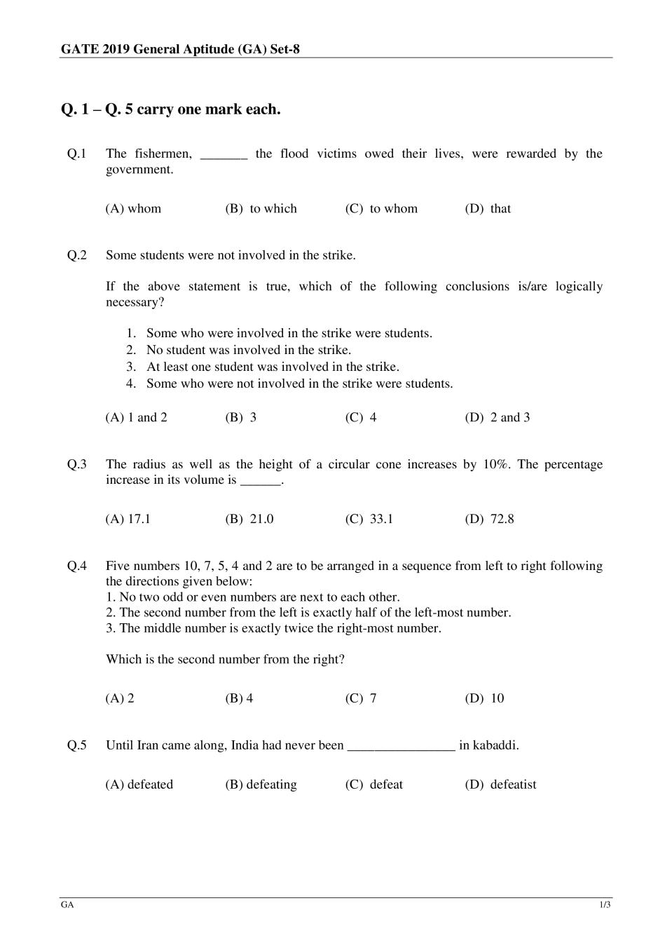 GATE 2019 Biotechnology (BT) Question Paper with Answer