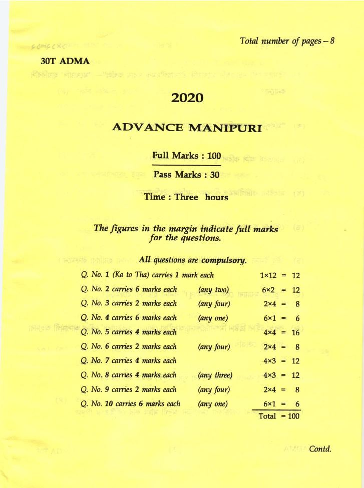 AHSEC HS 2nd Year Question Paper 2020 Advance Manipuri - Page 1