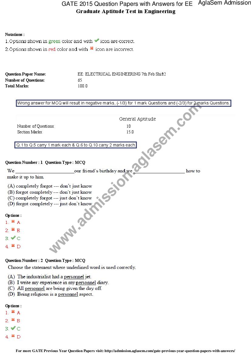 GATE 2015 Question Papers with Answers for EE Electrical Engineering (2) - Page 1