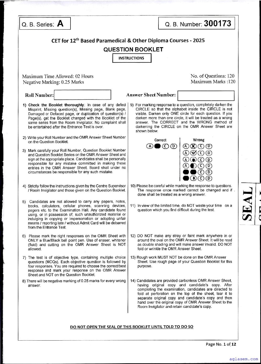 JKBOPEE Paramedical Diploma 2025 Question Paper - Page 1 of 12