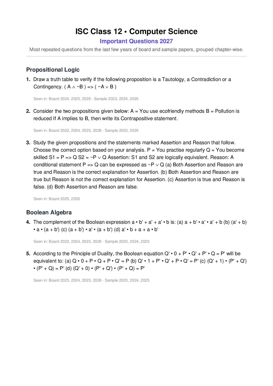 ISC Class 12 Important Questions 2027 Computer Science - Page 1 of 10