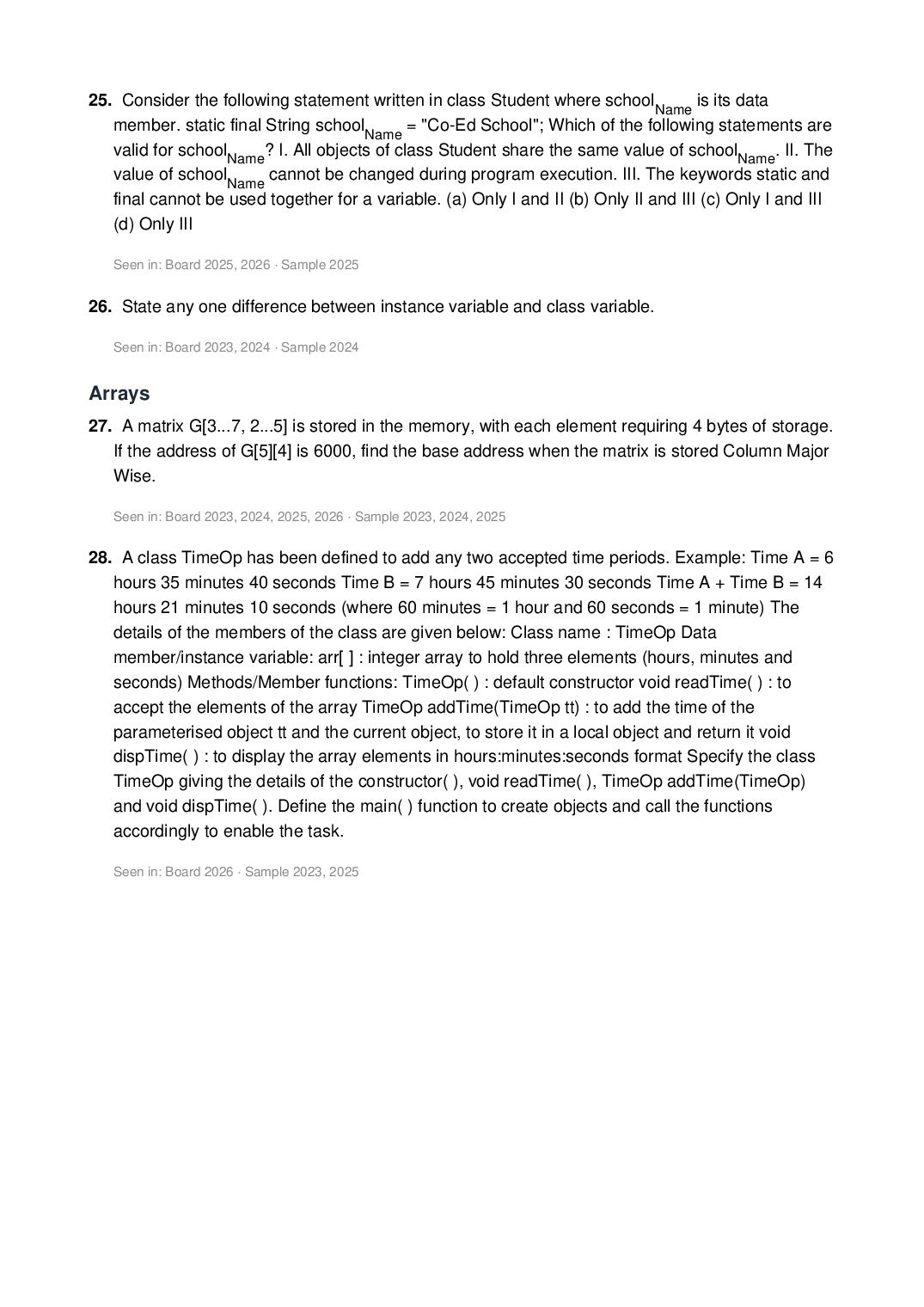 ISC Class 12 Computer Science Important Questions 2027 (PDF)