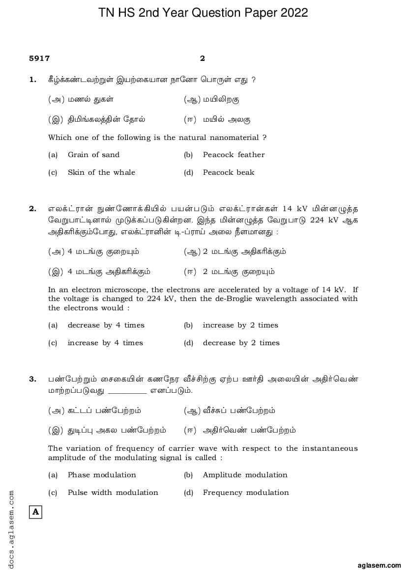 Tamil Nadu 12th Question Paper 2022 for Physics (PDF)