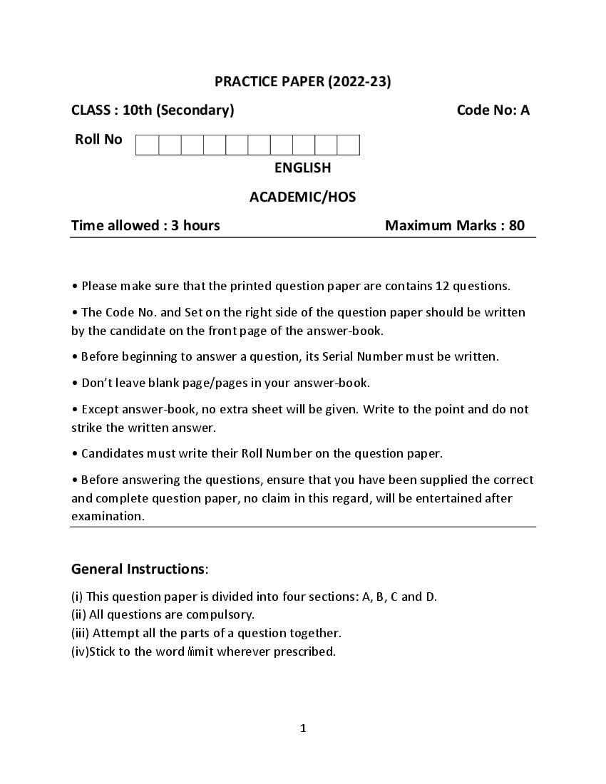 HBSE Class 10 Sample Paper 2023 English Set A - Page 1