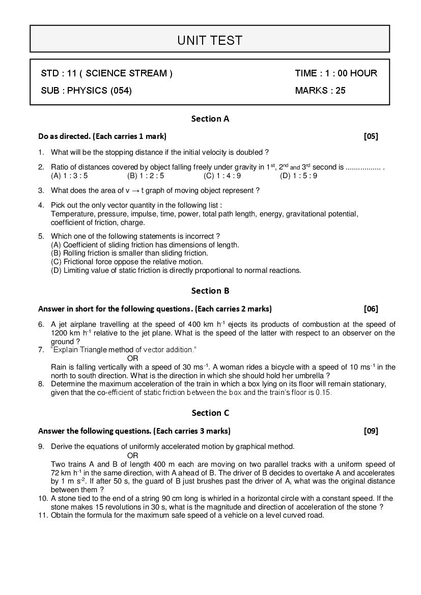 GSEB Std 11 Science Physics Question Paper 2020 (PDF)