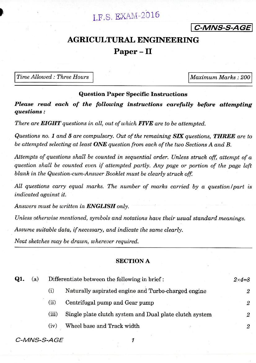 UPSC IFS 2016 Question Paper for Agricultural Engineering Paper-II - Page 1