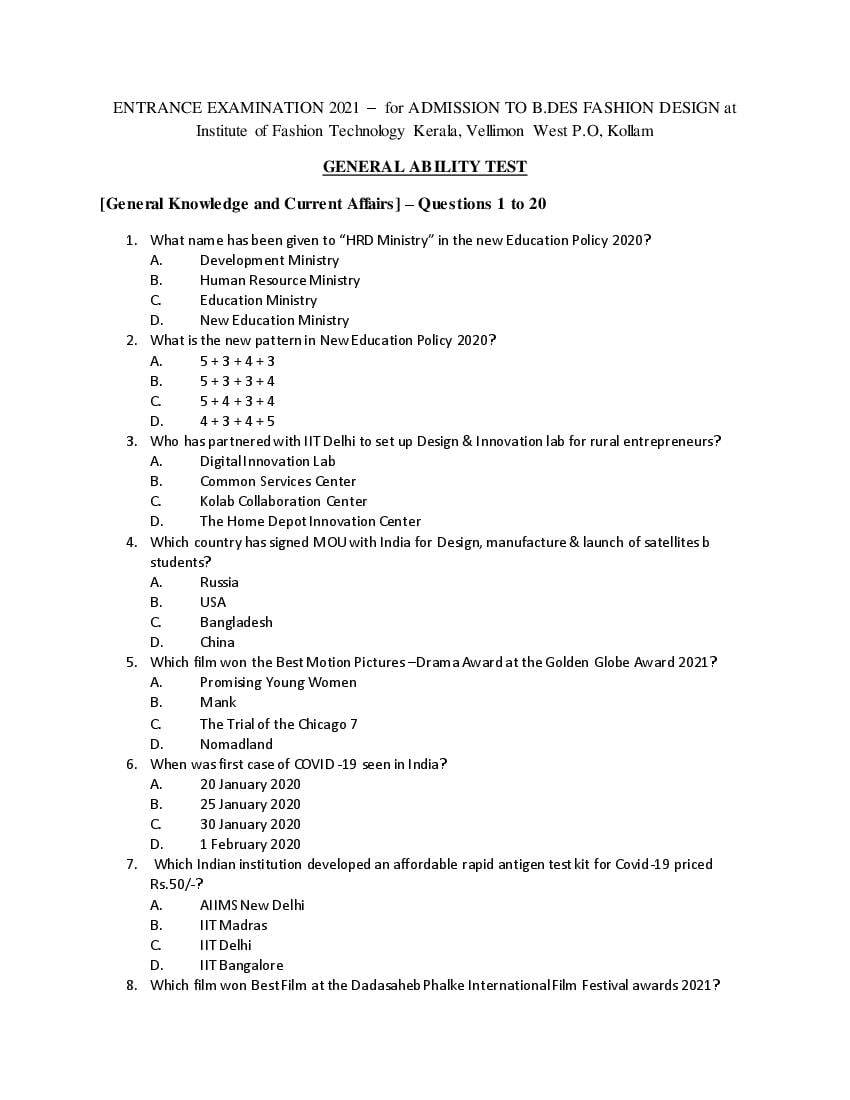 IFTK 2021 Question Paper General Ability Test - Page 1