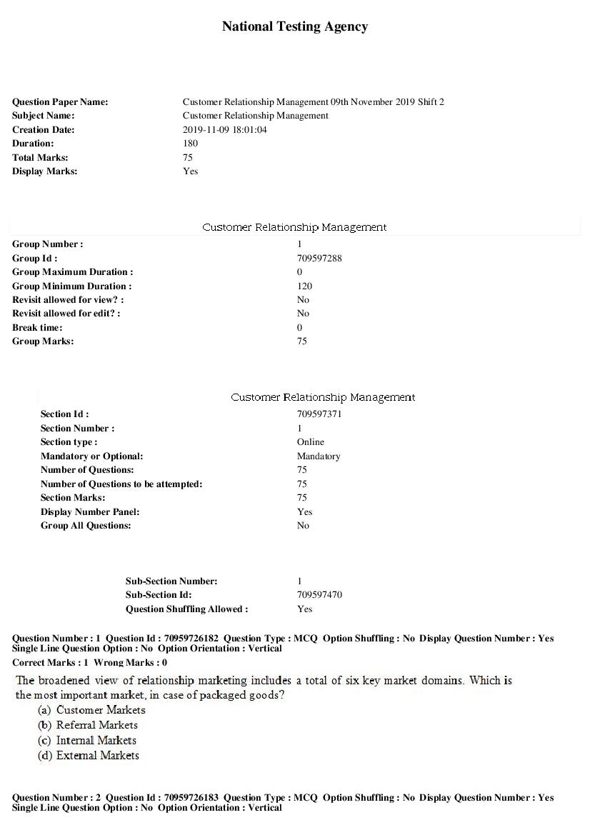 SWAYAM 2019 Question Paper Customer Relationship Management - Page 1 of 16