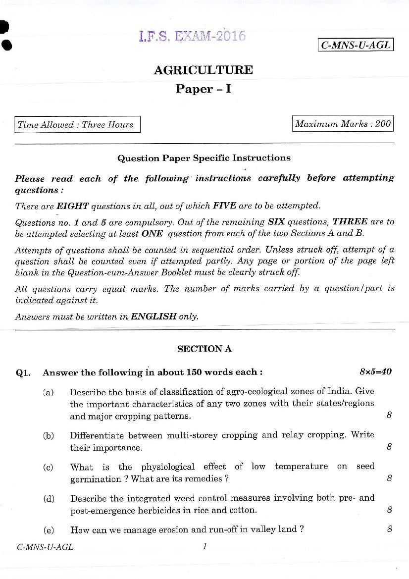 UPSC IFS 2016 Question Paper for Agriculture Paper-I - Page 1