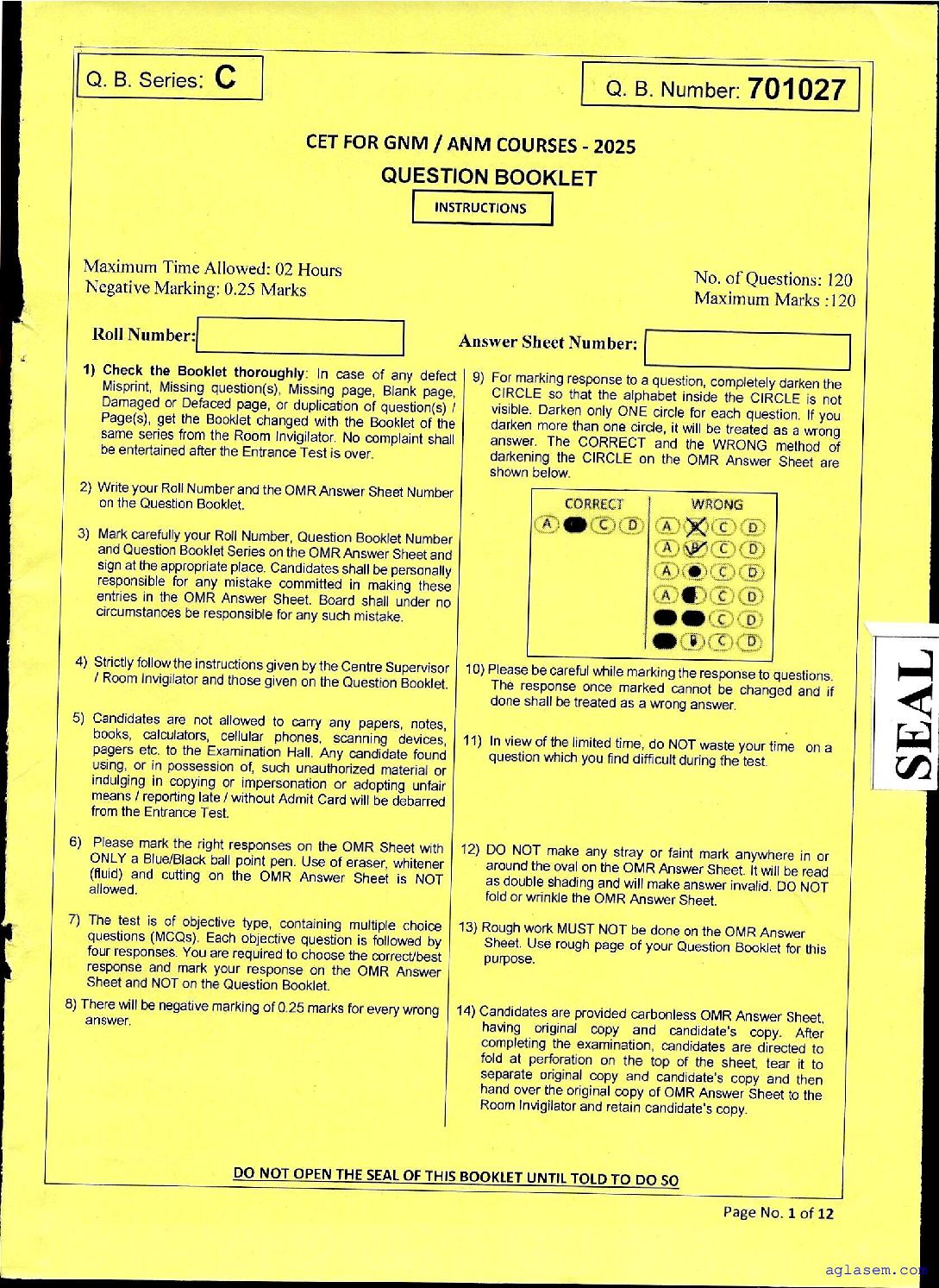 JKBOPEE ANM GNM 2025 Question Paper - Page 1 of 12