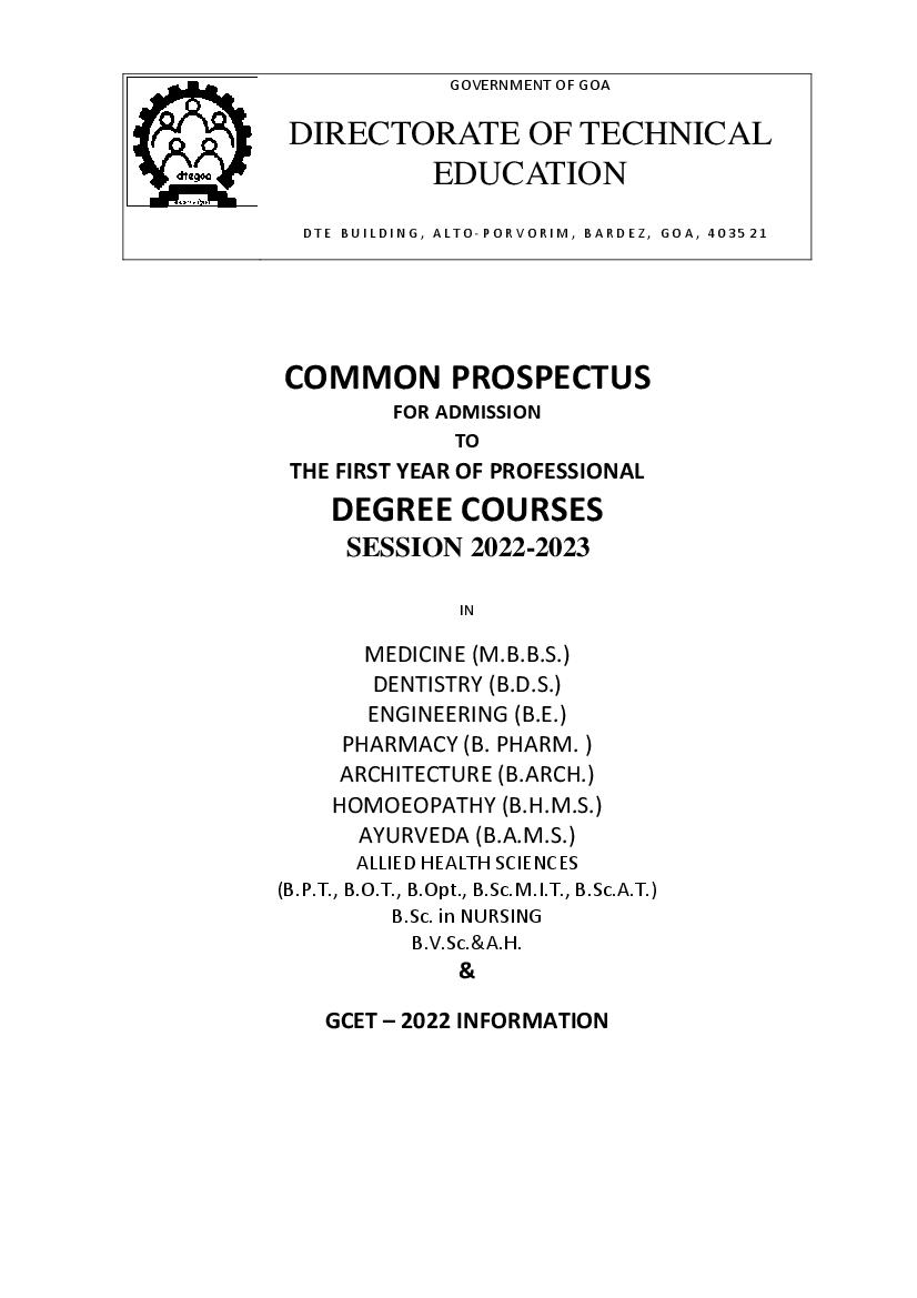 Goa CET 2022 Prospectus - Page 1