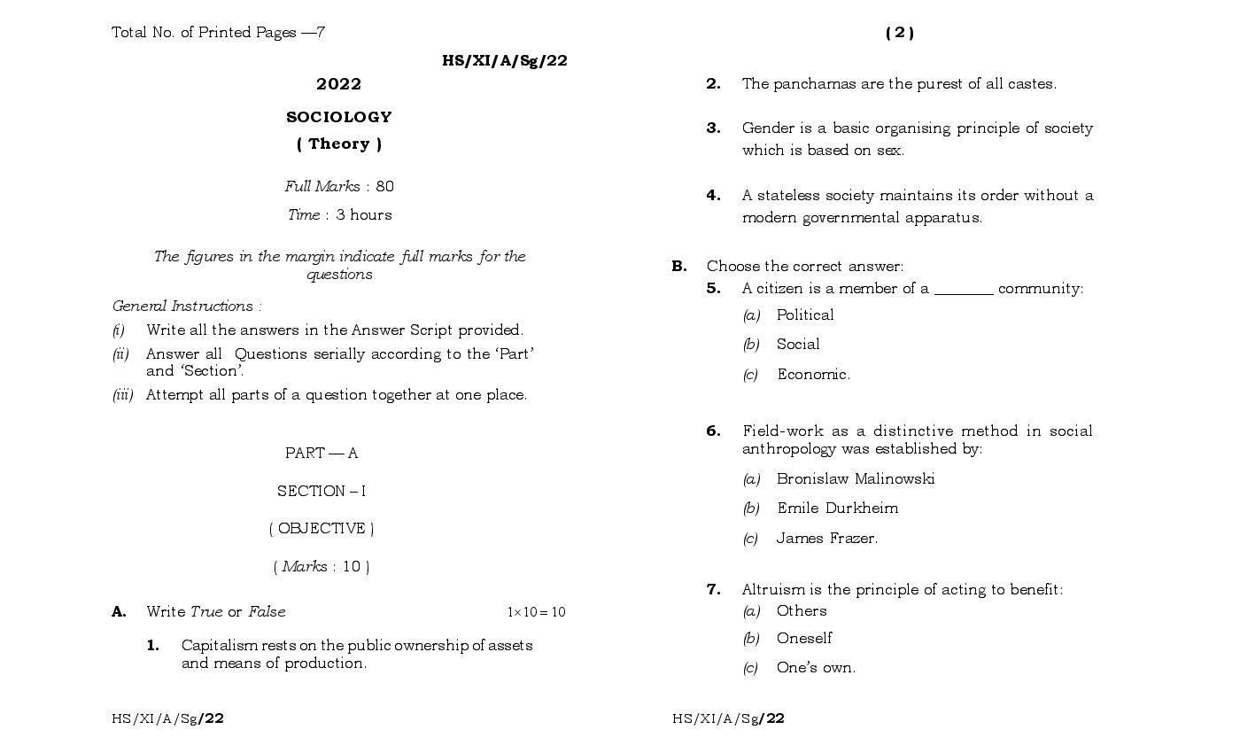 MBOSE Class 11 Question Paper 2022 for Sociology - Page 1