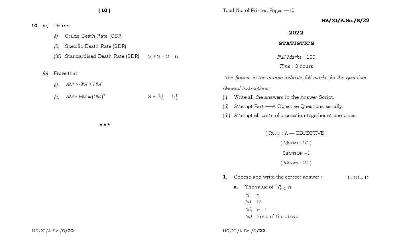 MBOSE Class 11 Question Paper 2022 for Statistics - Page 1