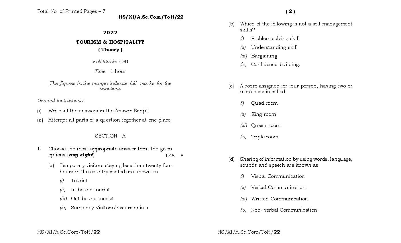 MBOSE Class 11 Question Paper 2022 for Tourism & Hospitality - Page 1