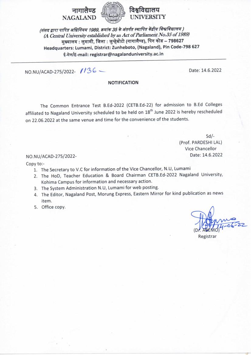 Nagaland University B.Ed CET 2022 Exam Date Postponed Notice - Page 1
