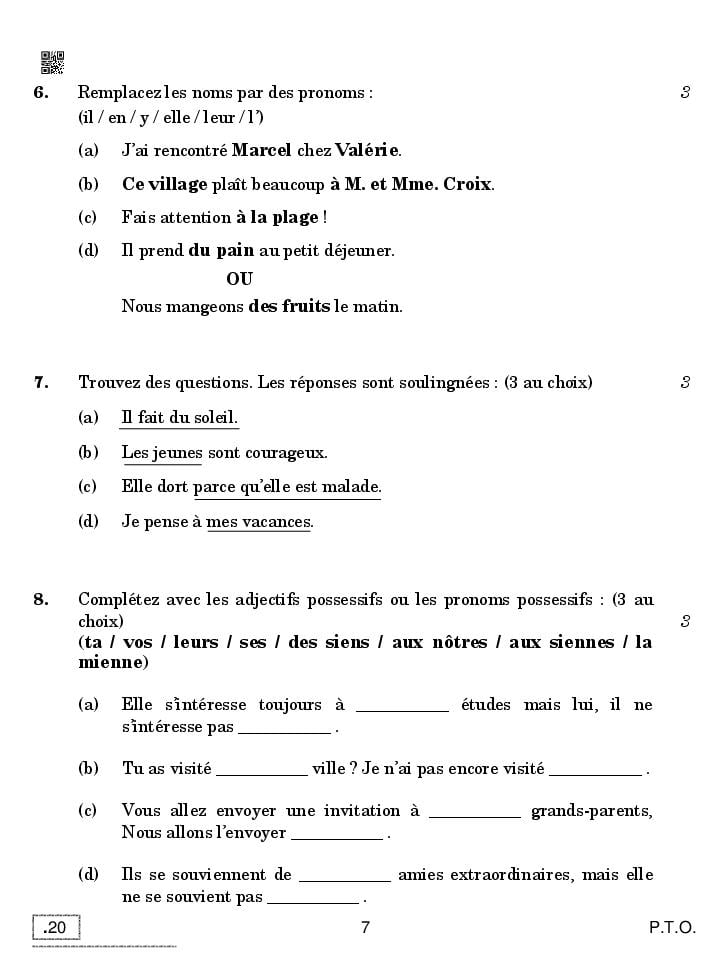 CBSE Question Paper 2020 For Class 10 French With Answers – Download PDF