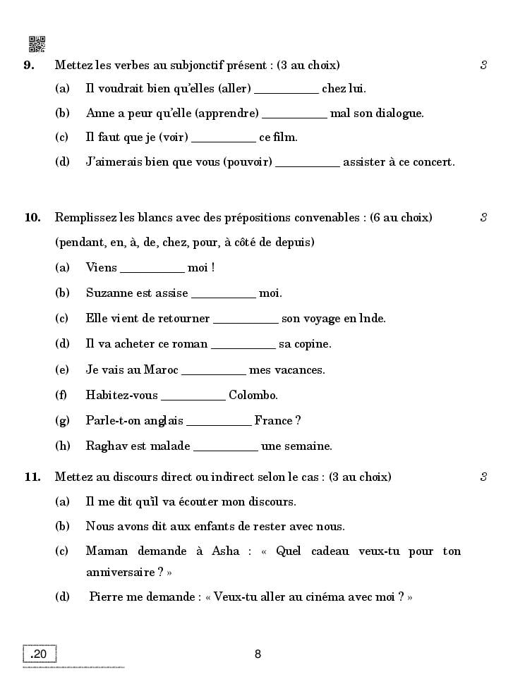 CBSE Question Paper 2020 for Class 10 French With Answers – Download PDF