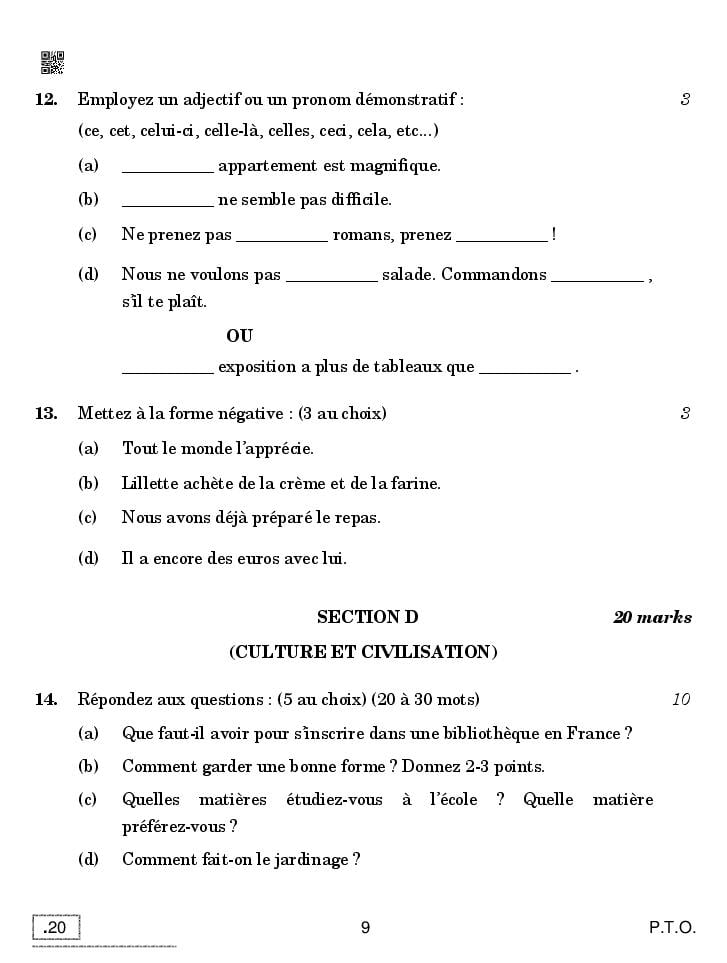 CBSE Question Paper 2020 for Class 10 French With Answers – Download PDF