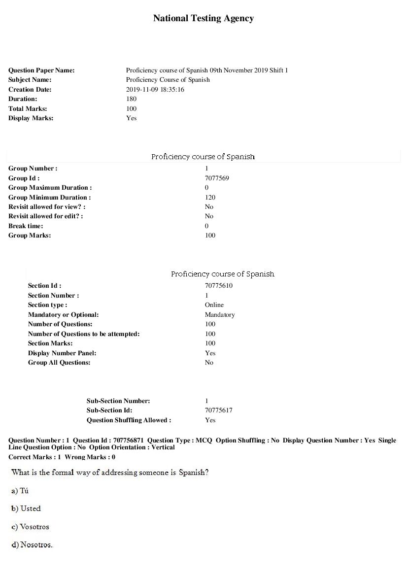 SWAYAM 2019 Question Paper Proficiency Course of Spanish Shift 1 - Page 1