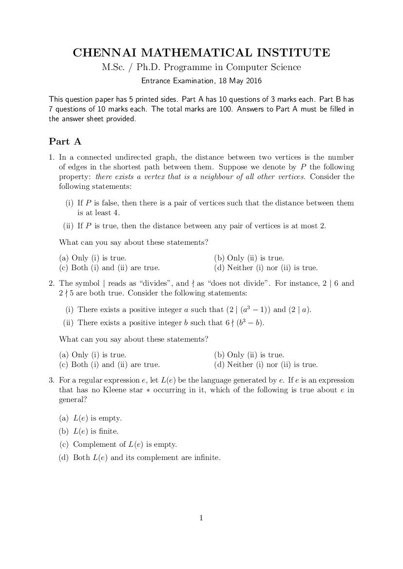 CMI Entrance Exam 2016 Question Paper for M.Sc or Ph.D in Computer Science - Page 1