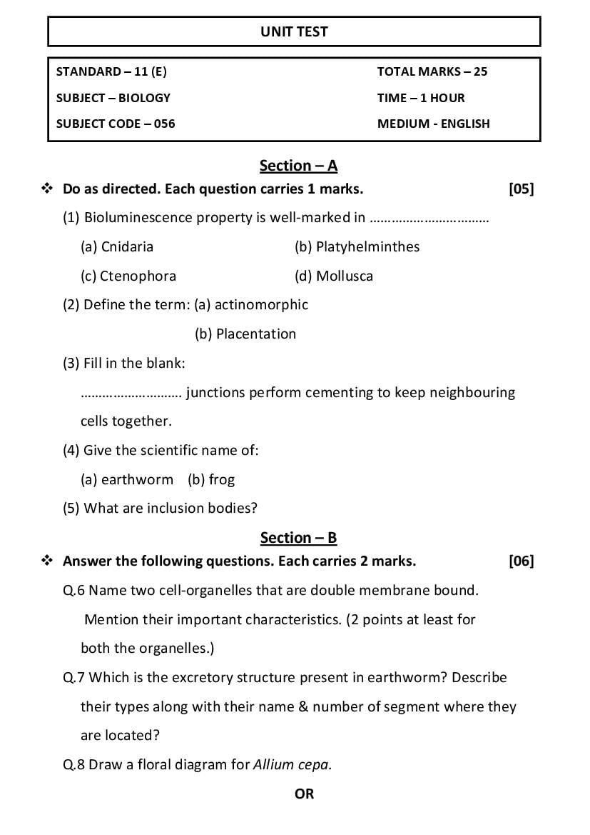 GSEB Std 11 Science Question Paper 2020 Biology (English Medium) - Page 1