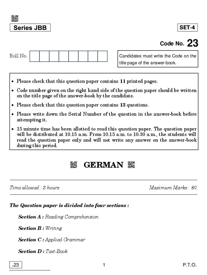 CBSE Class 10 German Question Paper 2020 - Page 1