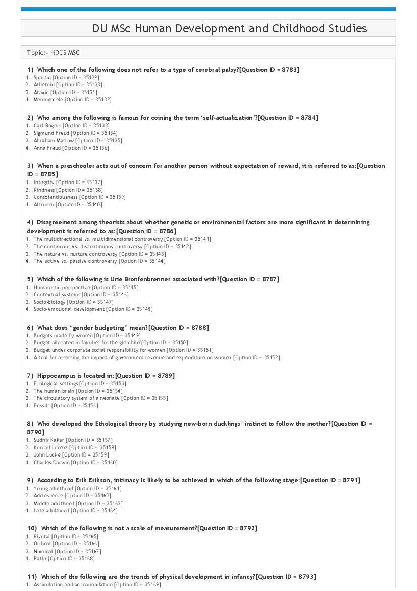 DUET 2021 Question Paper M.Sc Human Development and Childhood Studies - Page 1