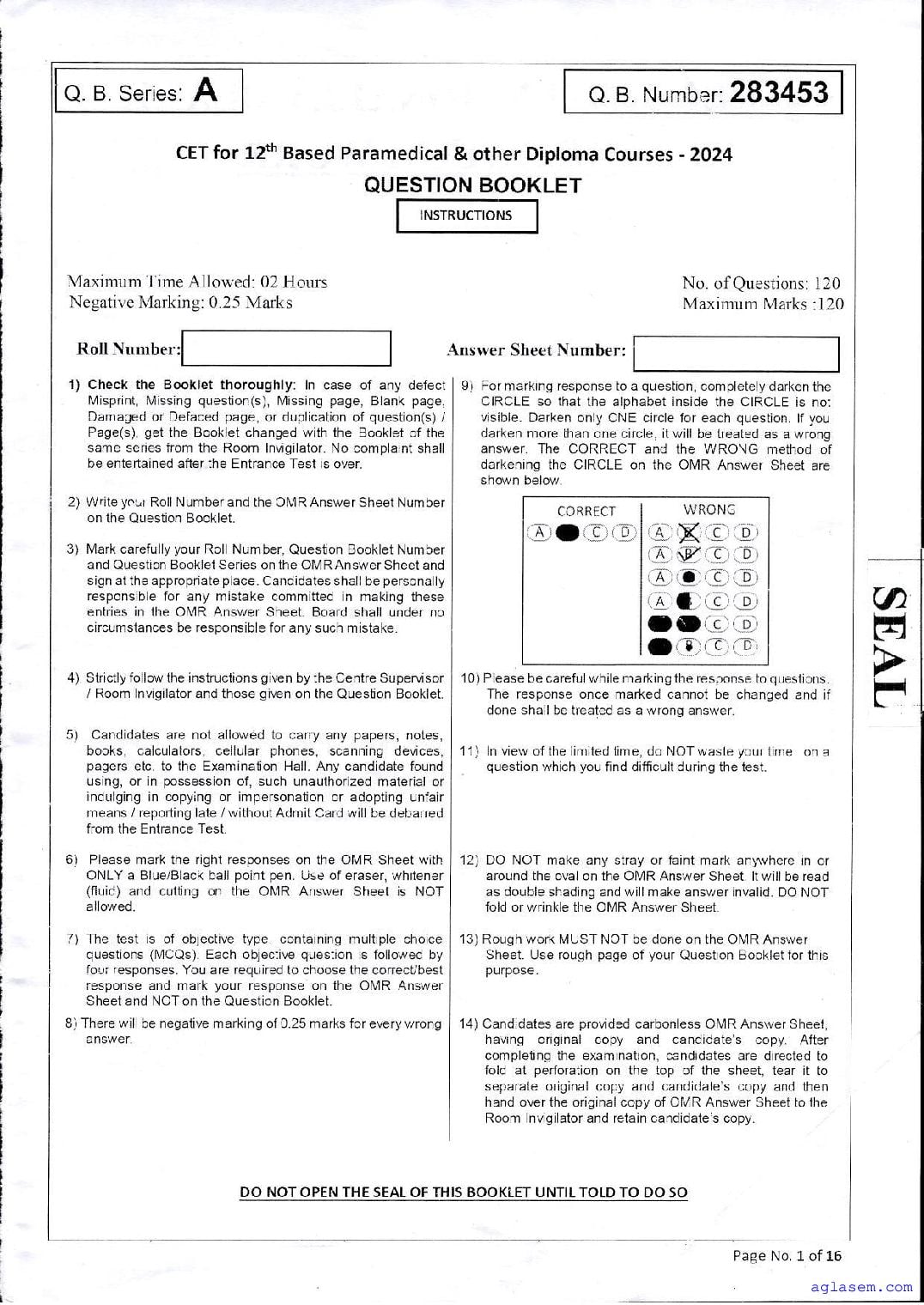 JKBOPEE Paramedical Diploma 2024 Question Paper - Page 1 of 12