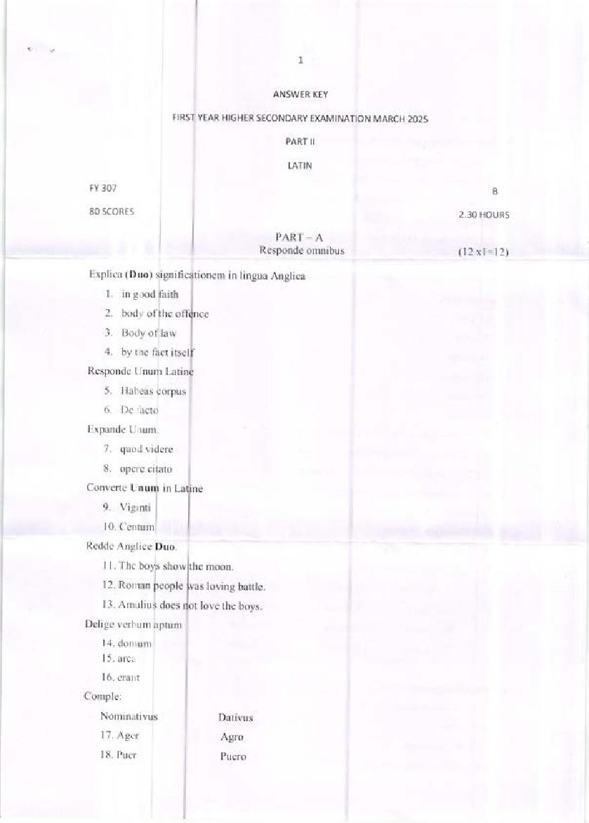 Kerala Plus One Answer Key 2025 Latin - Page 1