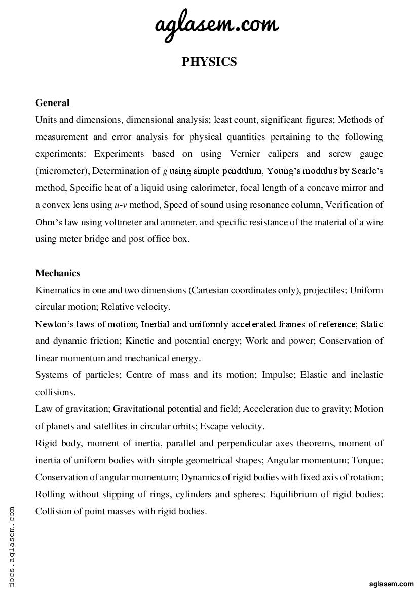 JEE Advanced 2022 Syllabus Physics - Page 1