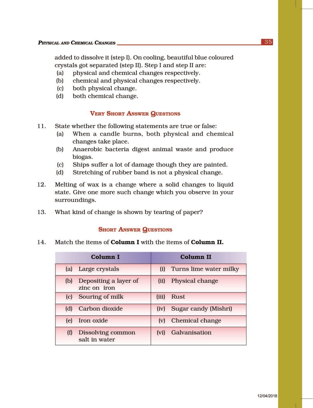 NCERT Exemplar Class 7 Science Unit 6 Physical and Chemical Changes
